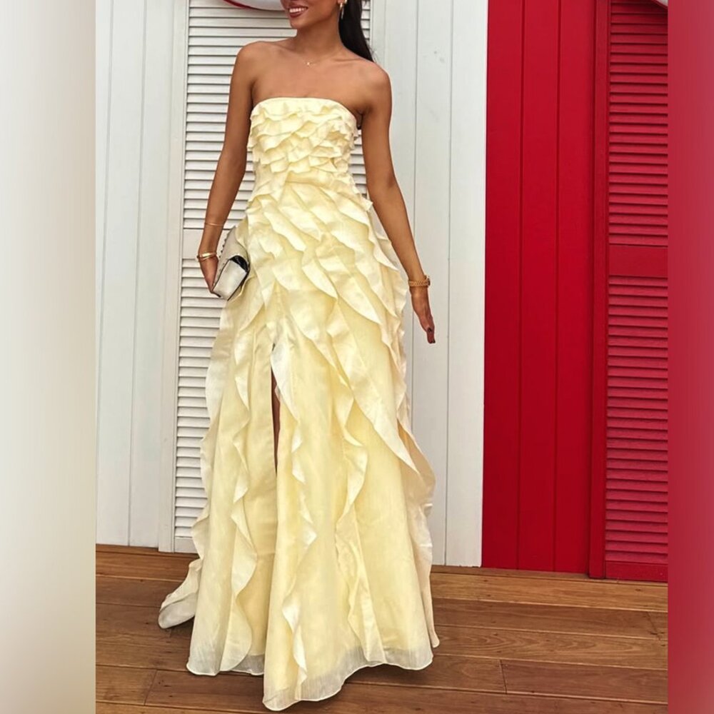 AJE. Allairie strapless ruffled shirred faille gown
